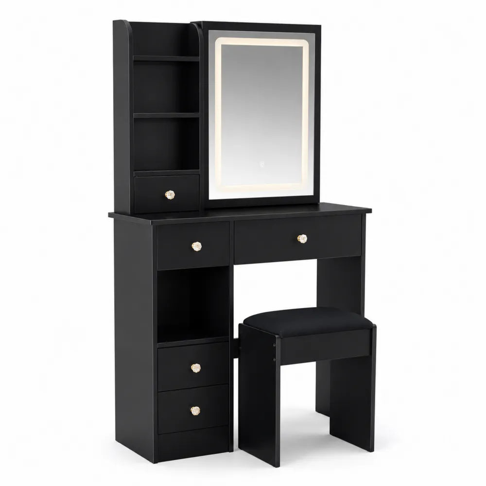 Coiffeuse en bois avec miroir LED et tabouret - Noir