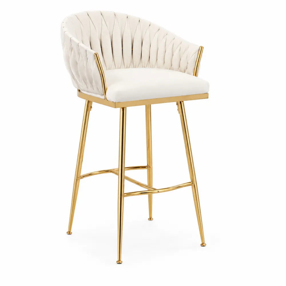 Tabouret de bar en métal doré et tissu polyester blanc
