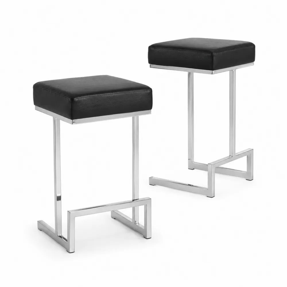 Tabouret de bar en cuir synthétique noir et métal argenté