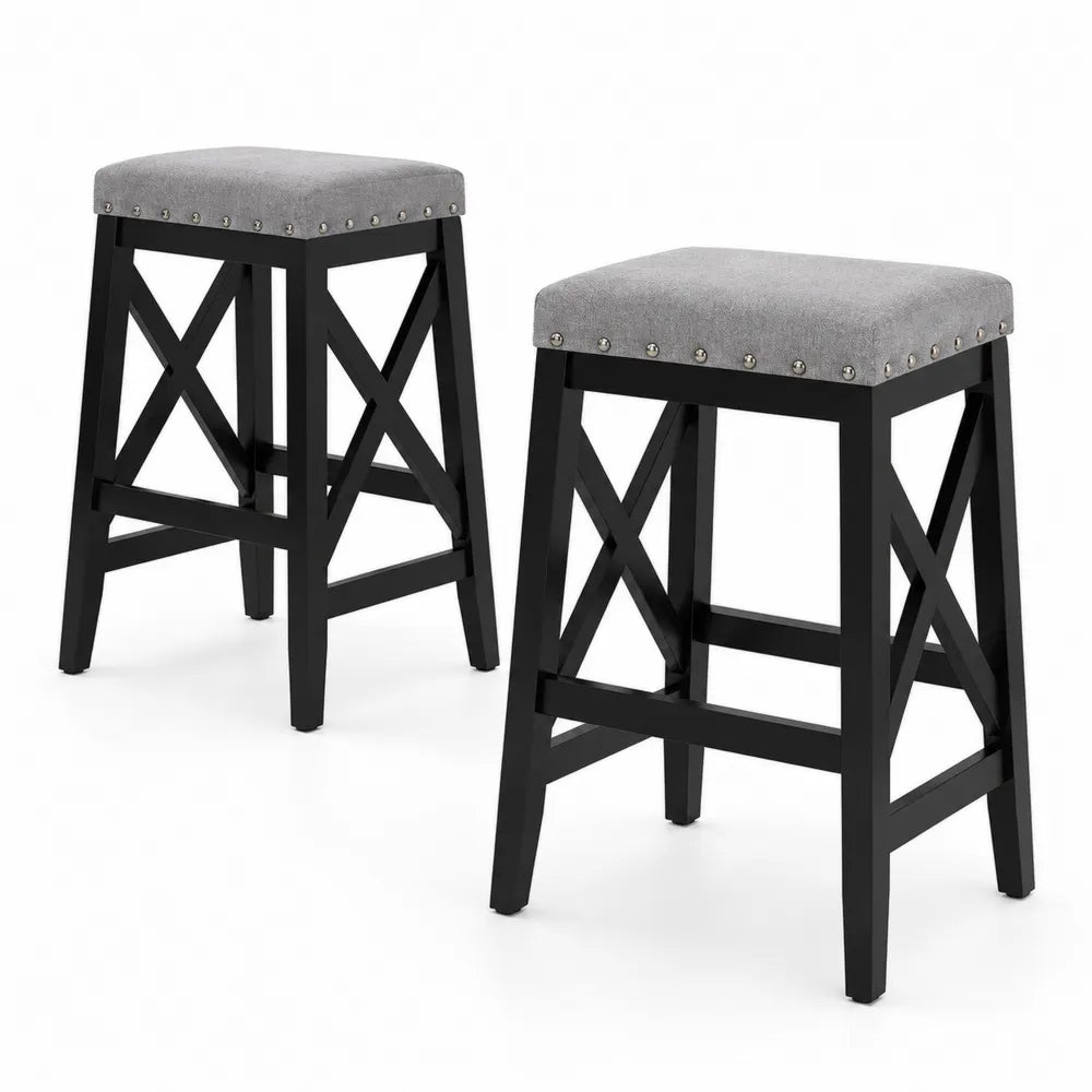 Ensemble de 2 tabourets de bar en bois et tissu polyester gris 66 cm
