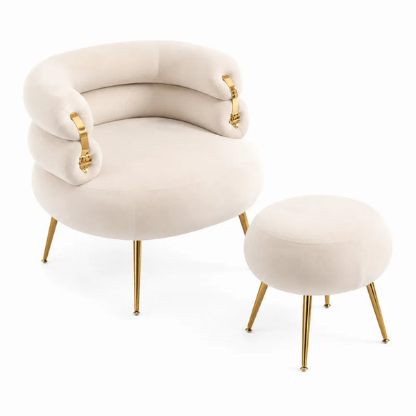 Fauteuil et repose-pieds en métal et velours Crème