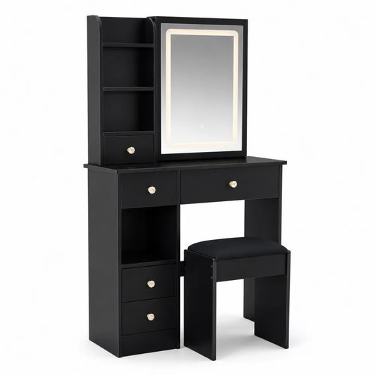 Coiffeuse en bois avec miroir LED et tabouret - Noir