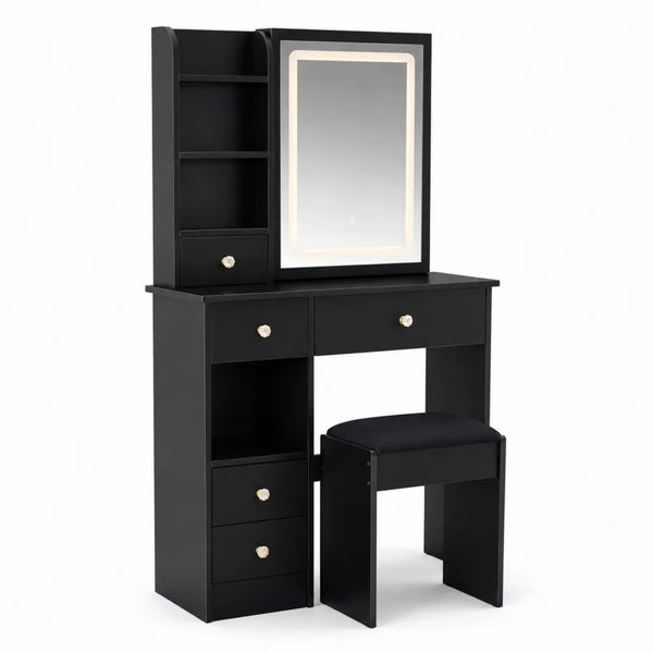 Coiffeuse en bois avec miroir LED et tabouret - Noir