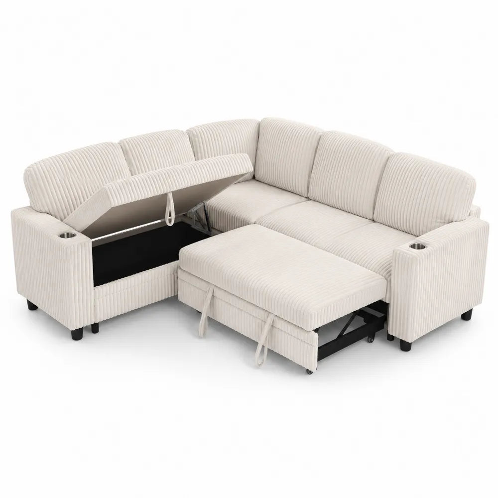 Canapé d'angle convertible en tissu côtelé Beige avec rangement