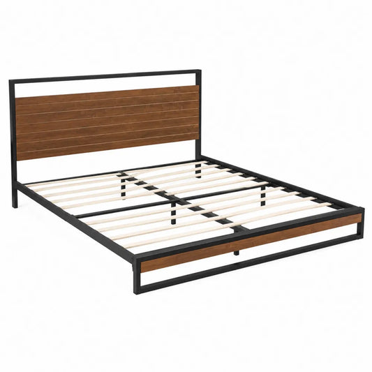 Cadre de lit double en métal et bois 200x140cm Noir et Marron