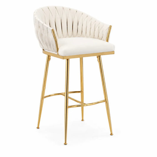 Tabouret de bar en métal doré et tissu polyester blanc