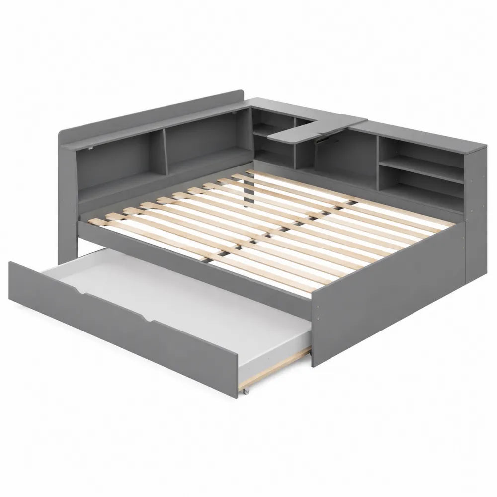 Lit double avec rangement en MDF et gris