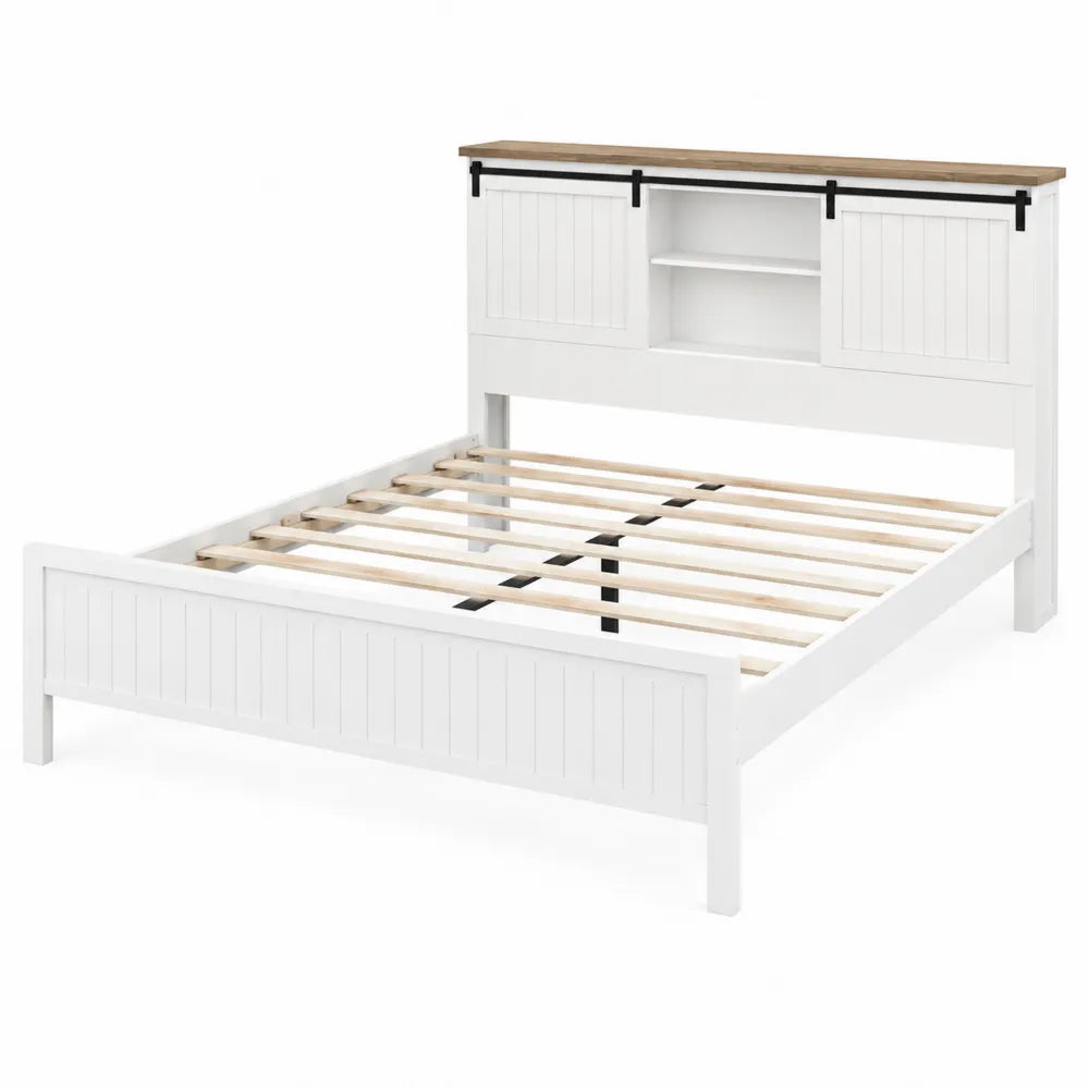 Lit double en bois et MDF avec étagères 160x200 cm Blanc et Naturel