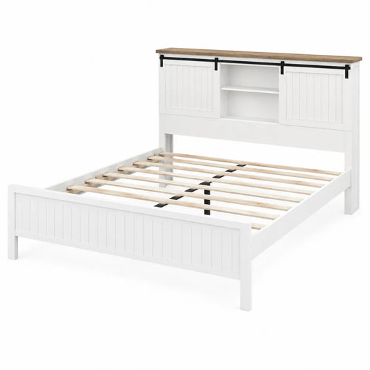 Lit double en bois et MDF avec étagères 160x200 cm Blanc et Naturel