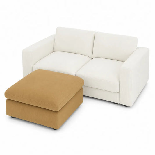 Canapé 2 places en tissu beige avec pouf marron