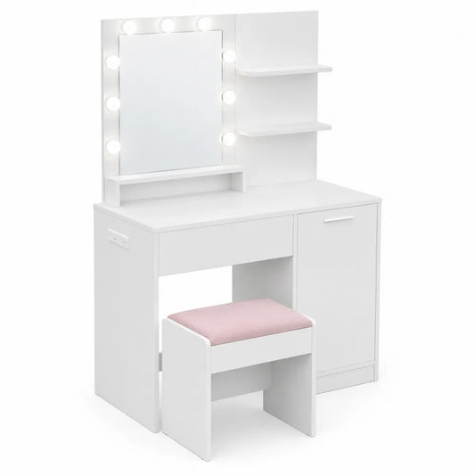 Coiffeuse avec miroir éclairé et tabouret en bois, Blanc/Rose
