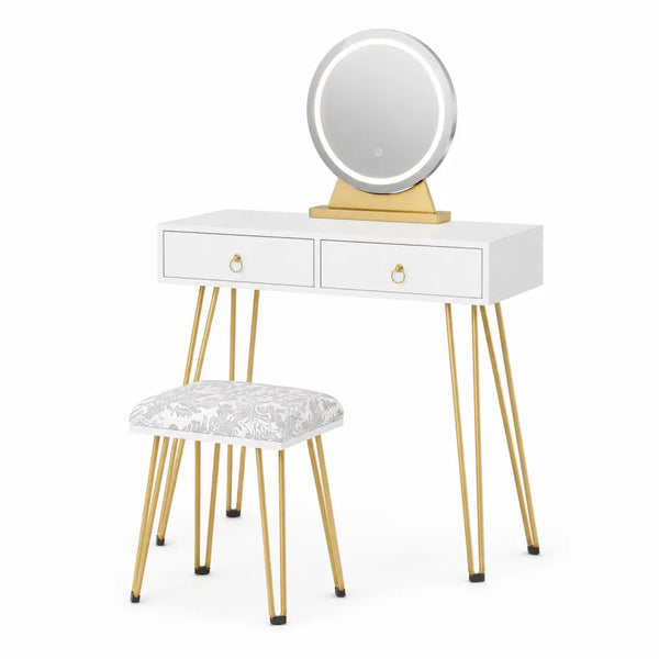 Coiffeuse en bois avec miroir LED et tabouret en métal doré