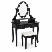 Coiffeuse en bois noir avec miroir ovale et tabouret rembourré