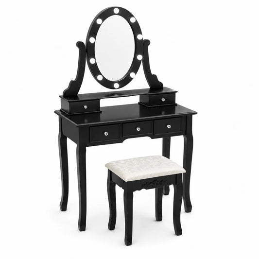 Coiffeuse en bois noir avec miroir ovale et tabouret rembourré