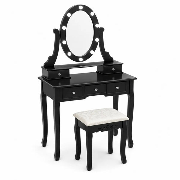 Coiffeuse en bois noir avec miroir ovale et tabouret rembourré