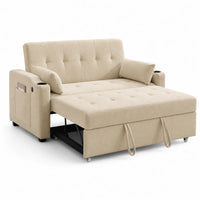 Canapé-lit polyester beige avec rangement et porte-gobelet